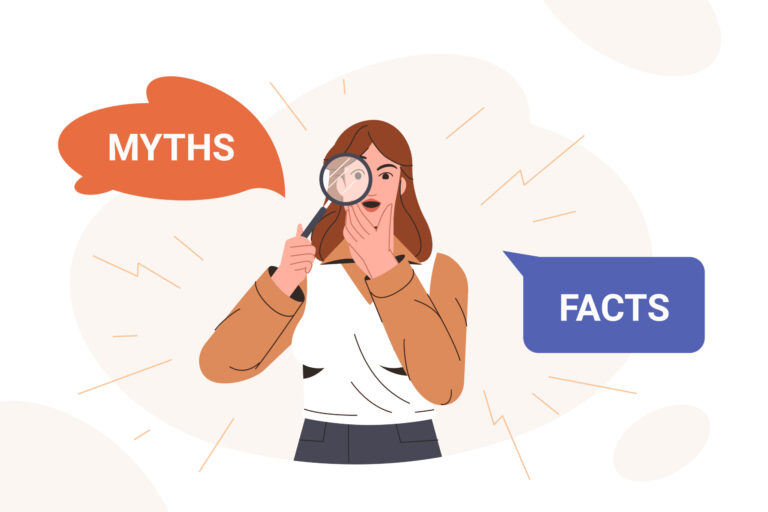 Woman looking through magnifying glass and comparing between myths and facts