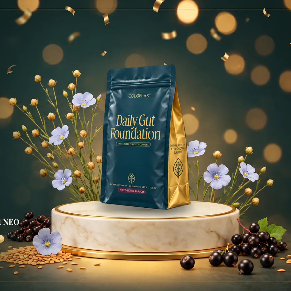 ColoFlax Daily Gut Foundation pouch on a marble podium with flax flowers
